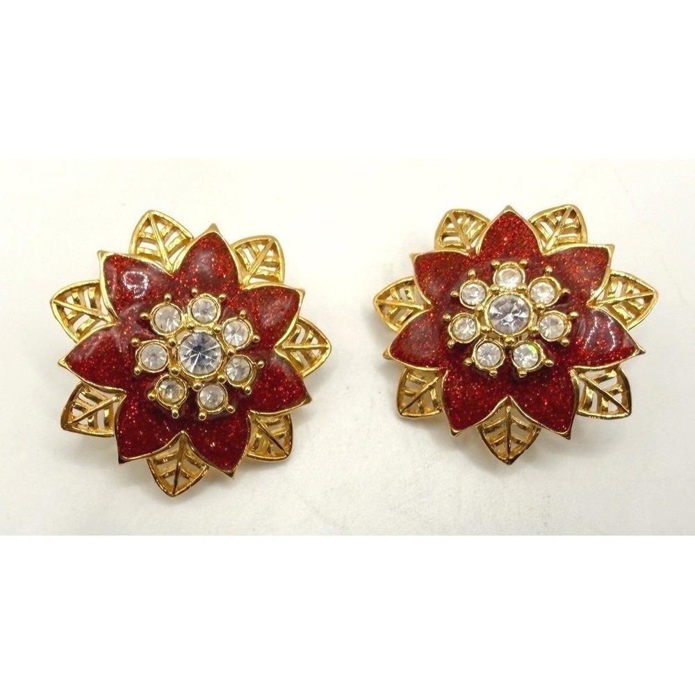 Vintage Red Glitter Flower Clip Earrings Gold Tone Rhinestone